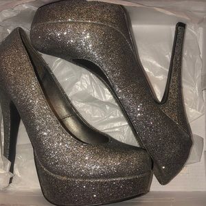 sparkly silver stilettos